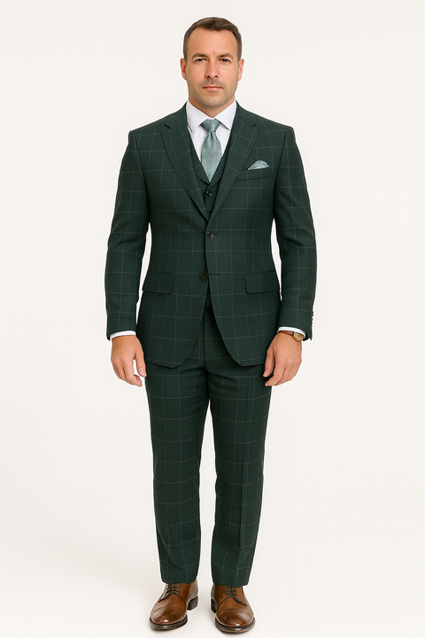Hunter Green Plaid Suit - Windowpane Pattern Modernt Fit in Dark Green With Vest