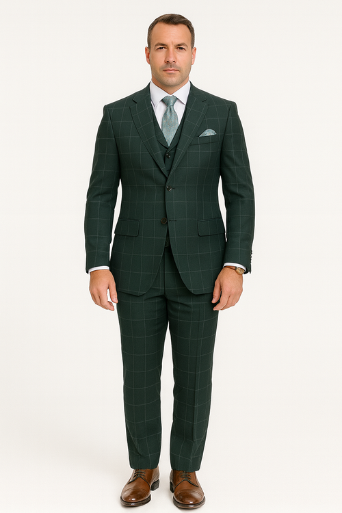 Hunter Green Plaid Suit - Windowpane Pattern Modernt Fit in Dark Green With Vest