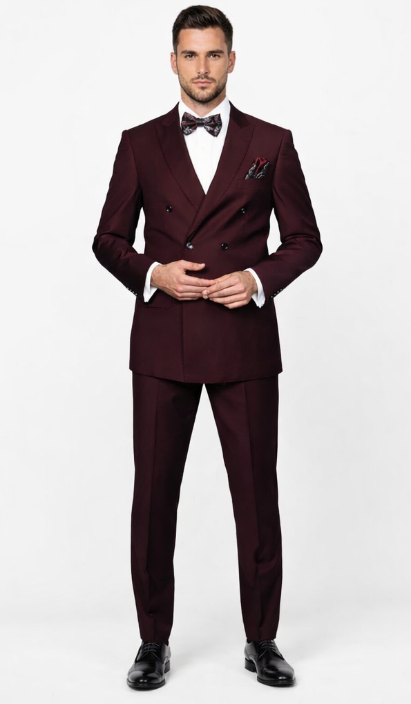 Men's Designer Double Breasted Wool Suit in Burgundy