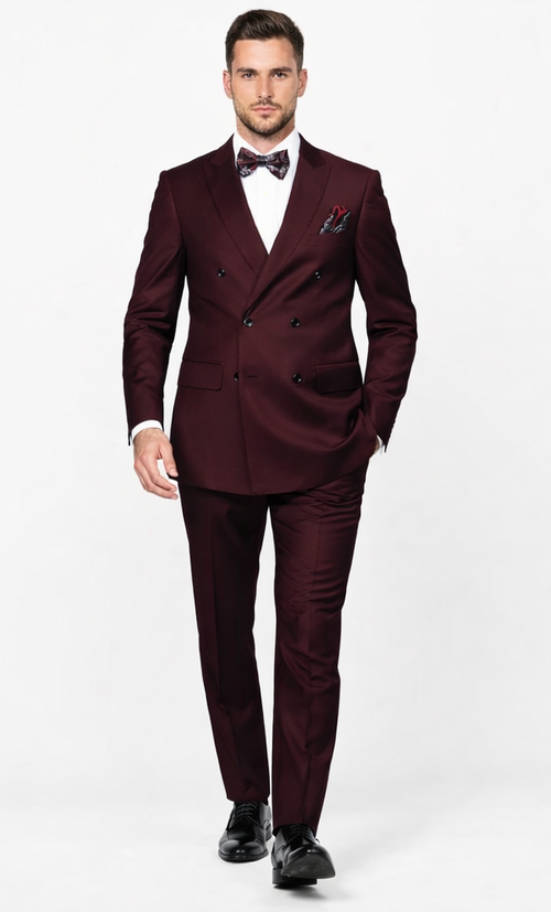 Men's Designer Double Breasted Wool Suit in Burgundy
