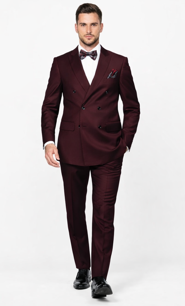 Men's Designer Double Breasted Wool Suit in Burgundy