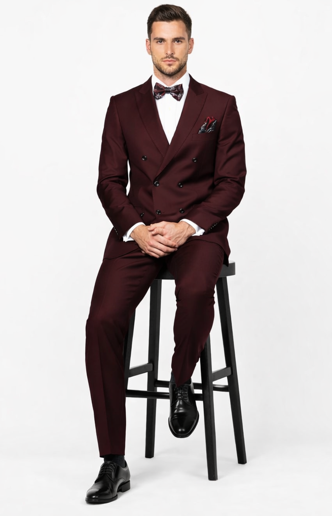 Men's Designer Double Breasted Wool Suit in Burgundy