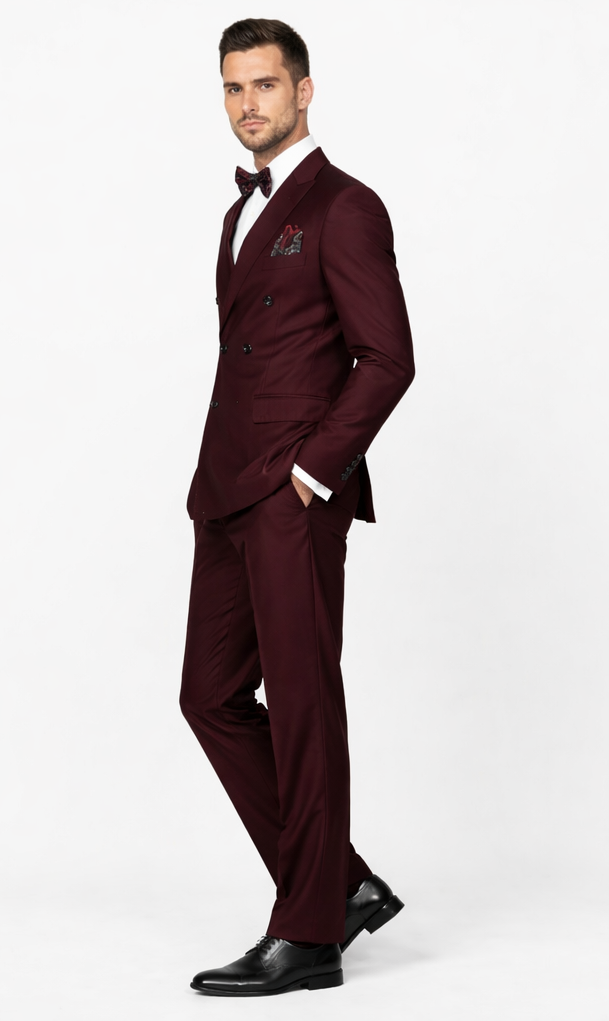 Men's Designer Double Breasted Wool Suit in Burgundy