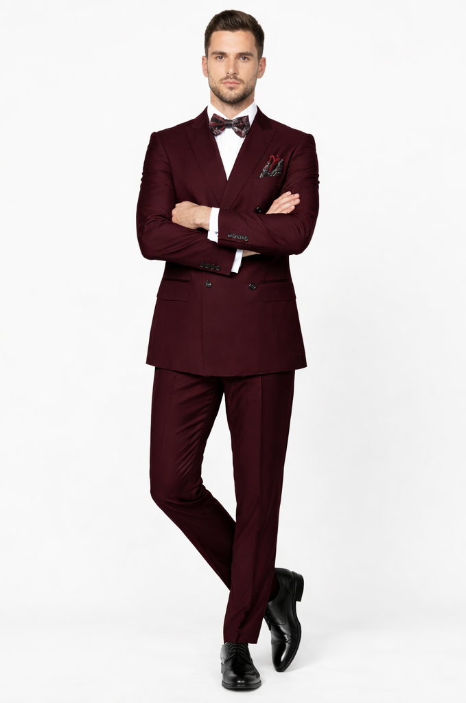 Men's Designer Double Breasted Wool Suit in Burgundy
