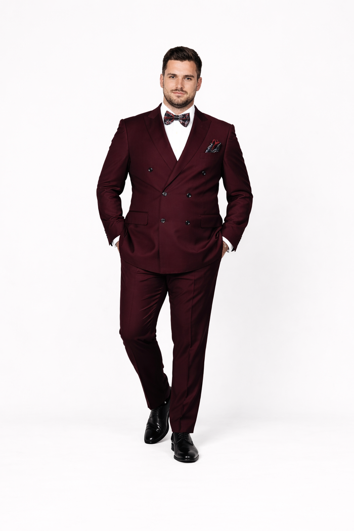 Men's Designer Double Breasted Wool Suit in Burgundy