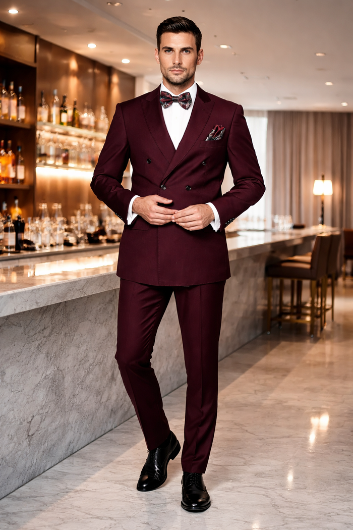 Men's Designer Double Breasted Wool Suit in Burgundy