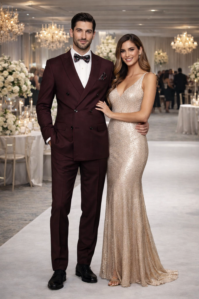 Men's Designer Double Breasted Wool Suit in Burgundy