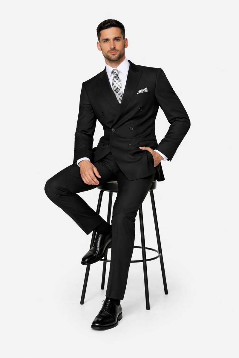 Men's Designer Double Breasted Wool Suit in Black