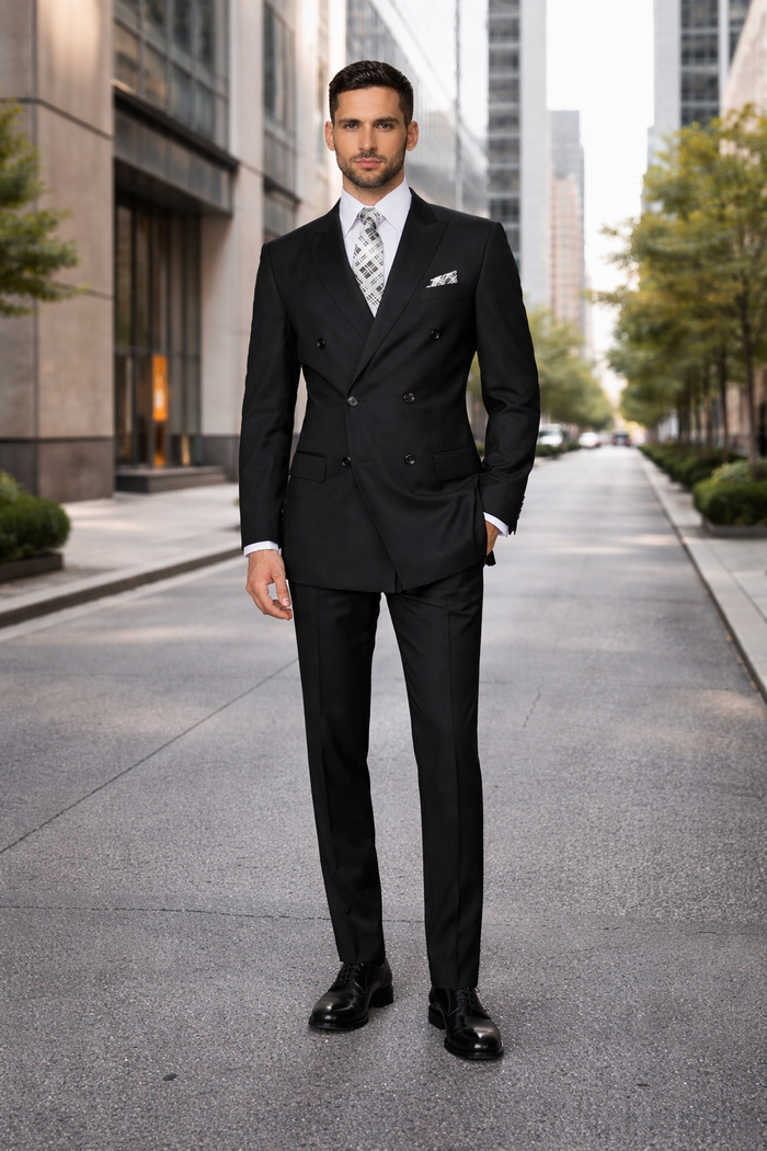 Men's Designer Double Breasted Wool Suit in Black