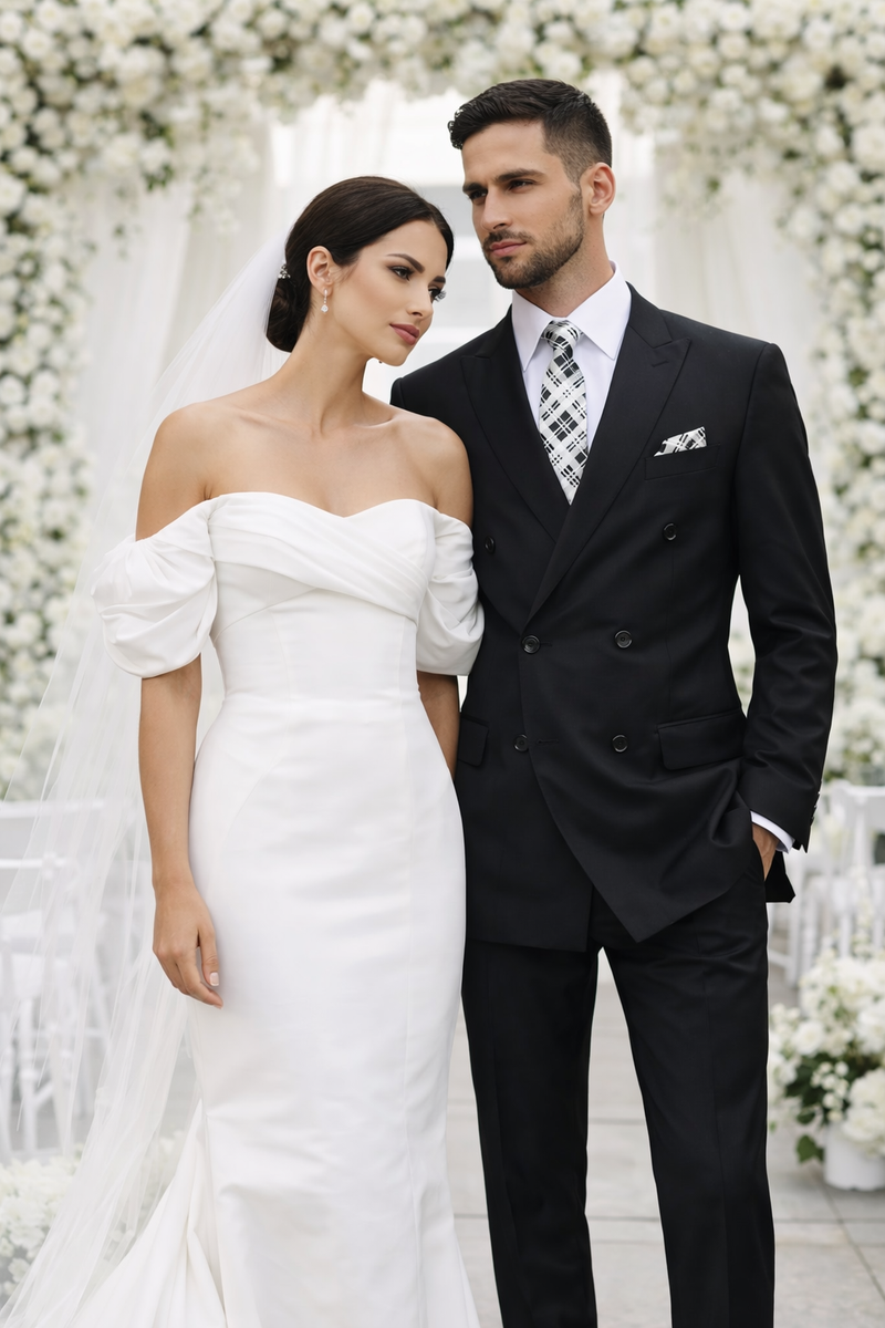 Men's Designer Double Breasted Wool Suit in Black