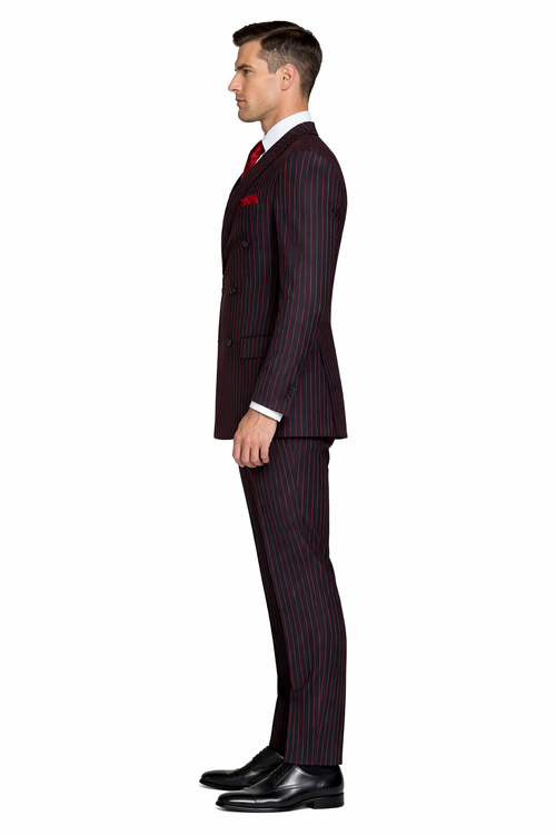 Men's Designer Double Breasted Wool Suit in Bold Black & Red Gangster Pinstripe