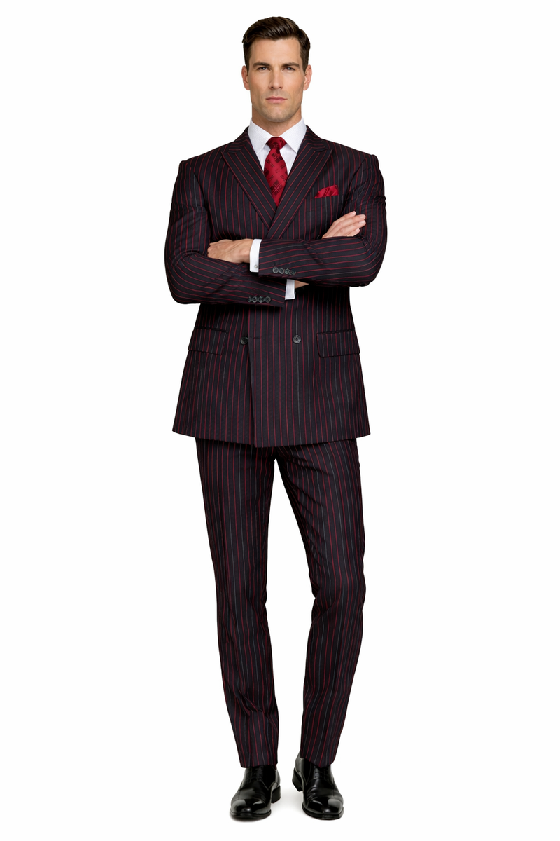 Men's Designer Double Breasted Wool Suit in Bold Black & Red Gangster Pinstripe