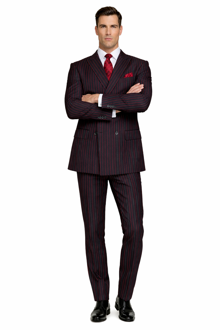 Men's Designer Double Breasted Wool Suit in Bold Black & Red Gangster Pinstripe