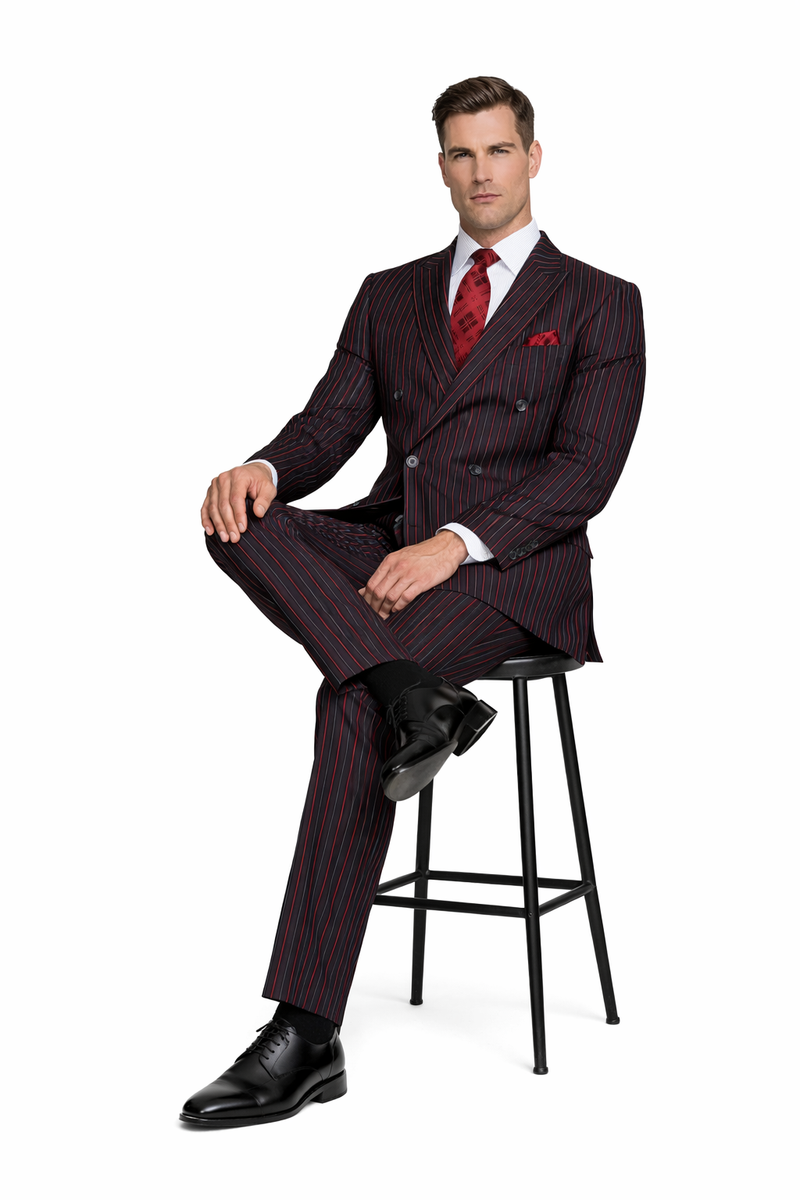 Men's Designer Double Breasted Wool Suit in Bold Black & Red Gangster Pinstripe
