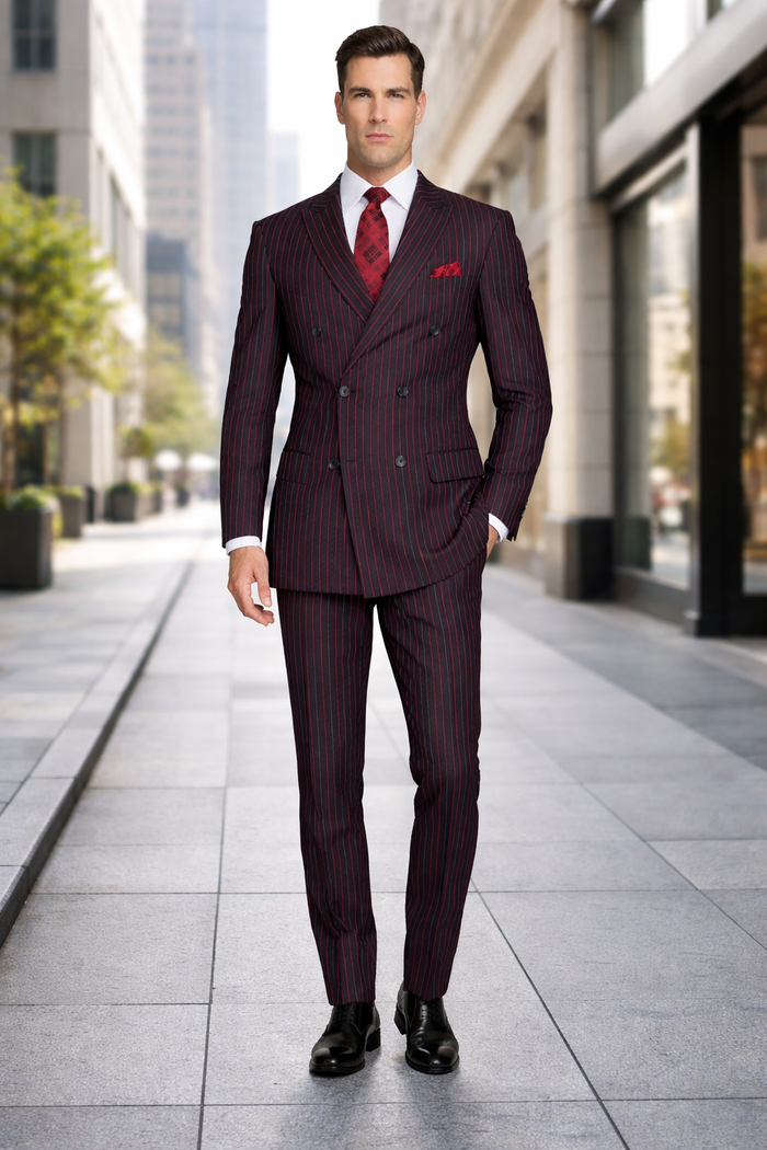 Men's Designer Double Breasted Wool Suit in Bold Black & Red Gangster Pinstripe