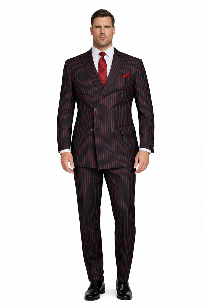 Men's Designer Double Breasted Wool Suit in Bold Black & Red Gangster Pinstripe