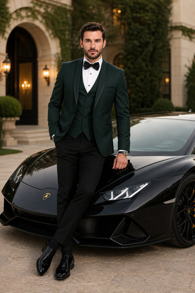 Dark Green Tuxedo - Men's Designer Vested Satin Trim Shawl Wedding Hunter Green Prom Tuxedo