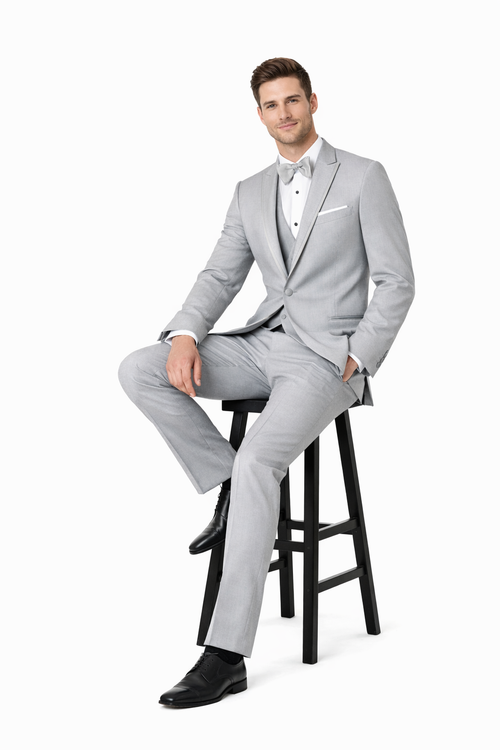 Mens Designer Marseille One Button Satin Trim Peak Tuxedo Light Grey