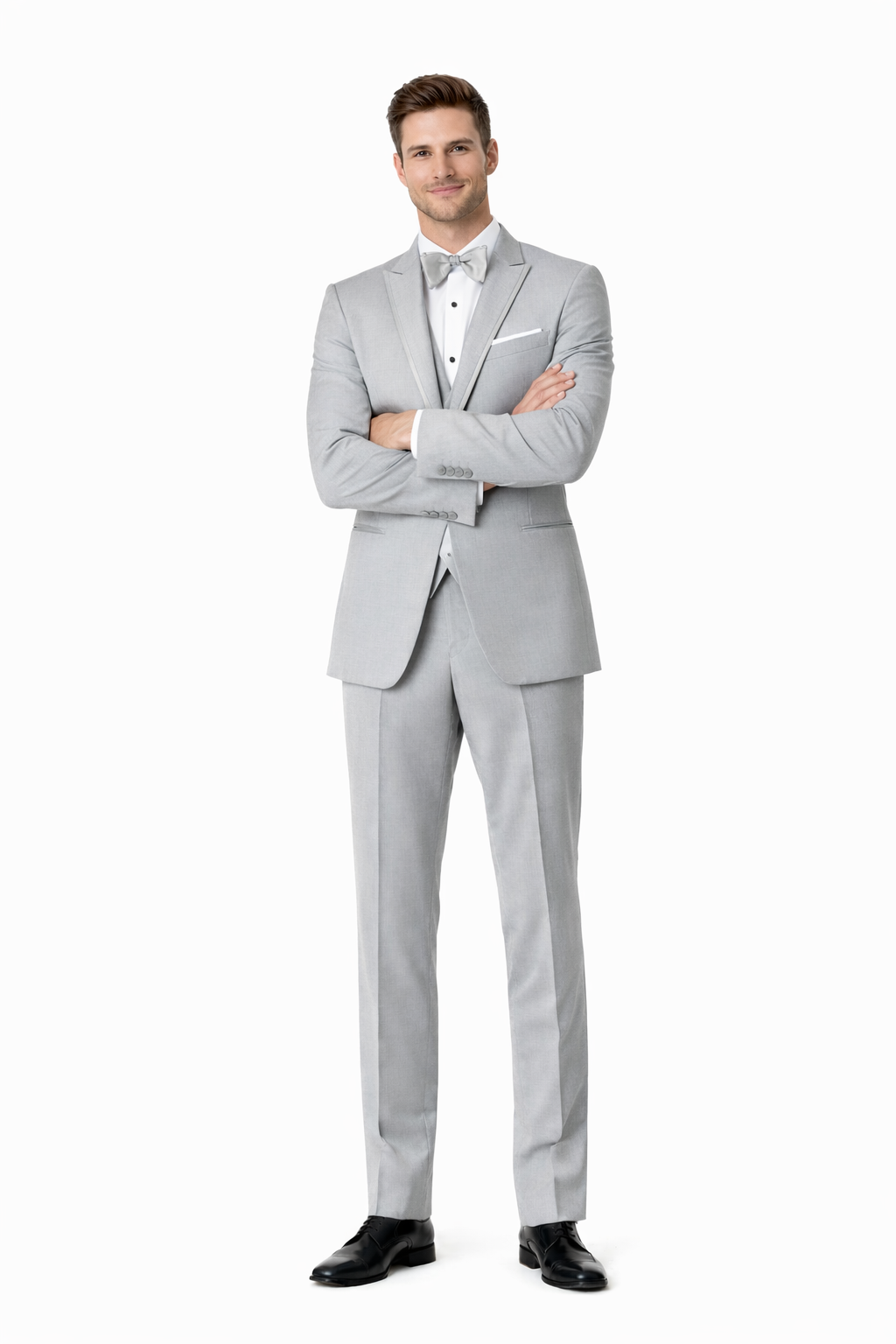 Mens Designer Marseille One Button Satin Trim Peak Tuxedo Light Grey