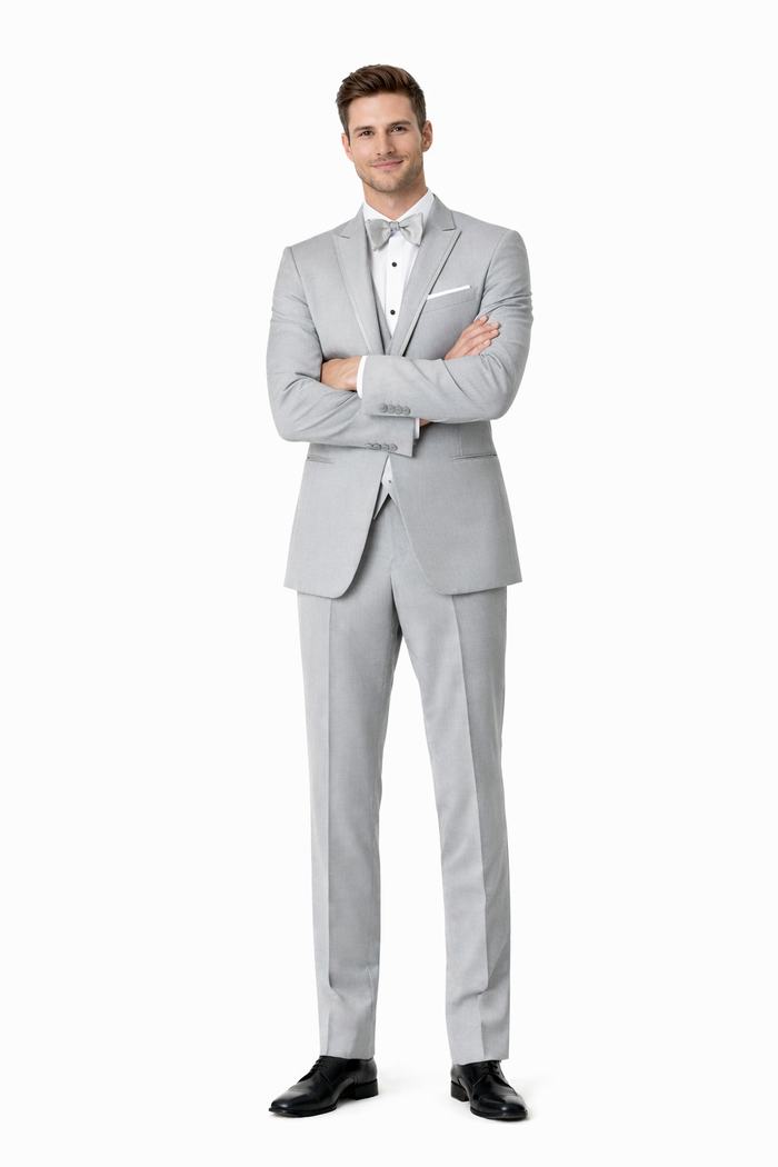 Mens Designer Marseille One Button Satin Trim Peak Tuxedo Light Grey