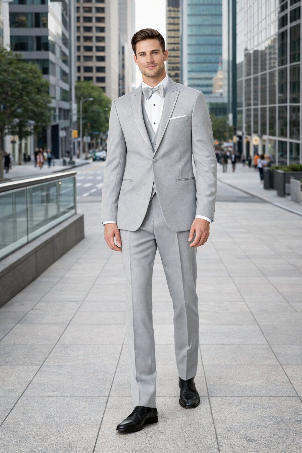 Mens Designer Marseille One Button Satin Trim Peak Tuxedo Light Grey