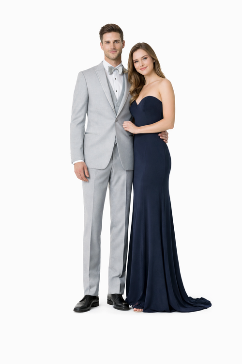 Mens Designer Marseille One Button Satin Trim Peak Tuxedo Light Grey