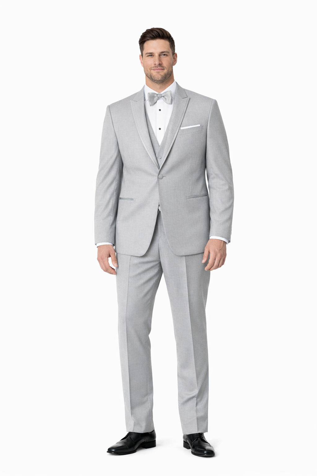 Mens Designer Marseille One Button Satin Trim Peak Tuxedo Light Grey