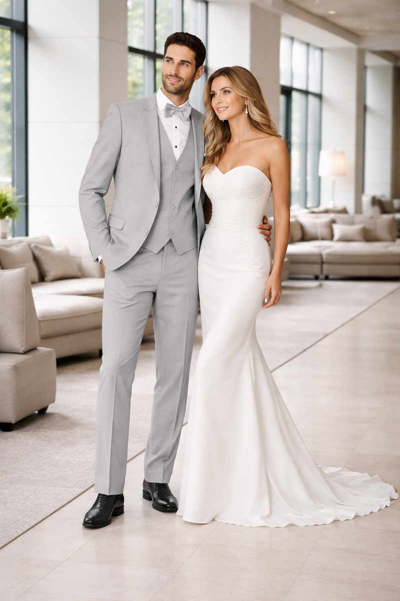 Mens Designer Marseille One Button Satin Trimmed Peak Tuxedo Light Grey