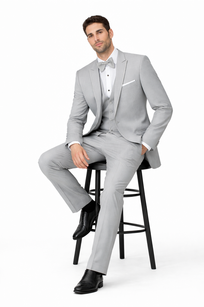 Mens Designer Marseille One Button Satin Trimmed Peak Tuxedo Light Grey