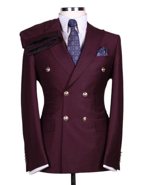 Mens Designer Modern Fit Double Breasted Wool Suit with Gold Buttons in Burgundy - AlbertoNardoniStore