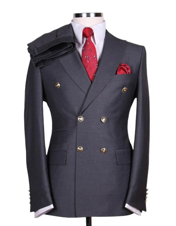 Mens Designer Modern Fit Double Breasted Wool Suit with Gold Buttons in Charcoal - AlbertoNardoniStore