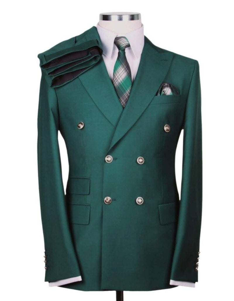 Mens Designer Modern Fit Double Breasted Wool Suit with Gold Buttons in Hunter Green - AlbertoNardoniStore