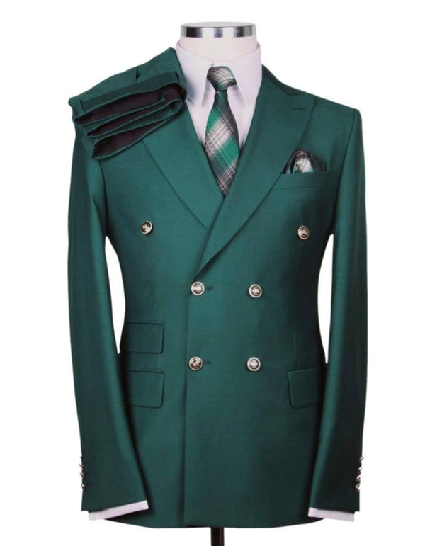 Mens Designer Modern Fit Double Breasted Wool Suit with Gold Buttons in Hunter Green - AlbertoNardoniStore