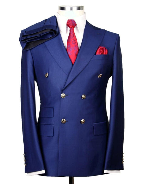 Mens Designer Modern Fit Double Breasted Wool Suit with Gold Buttons in Indigo Blue - AlbertoNardoniStore