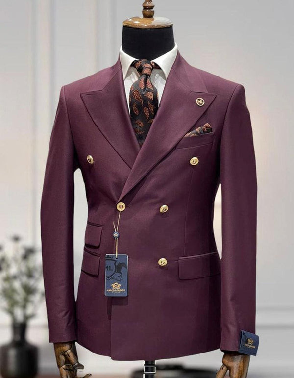 Mens Designer Modern Fit Double Breasted Wool Suit with Gold Buttons in Maroon - AlbertoNardoniStore