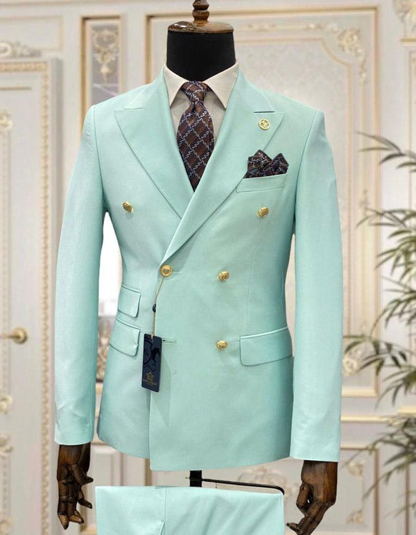 Mens Designer Modern Fit Double Breasted Wool Suit with Gold Buttons in Mint Green - AlbertoNardoniStore