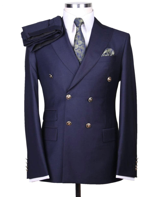 Mens Designer Modern Fit Double Breasted Wool Suit with Gold Buttons in Navy - AlbertoNardoniStore