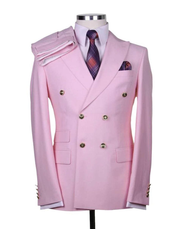 Mens Designer Modern Fit Double Breasted Wool Suit with Gold Buttons in Pink - AlbertoNardoniStore