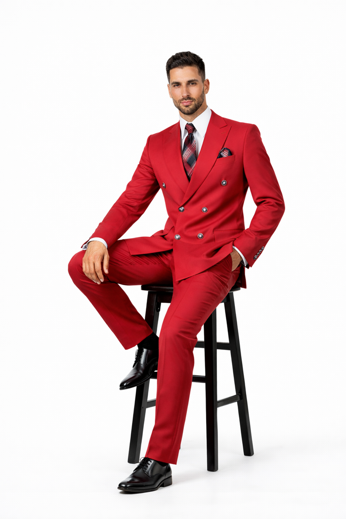 Mens Designer Modern Fit Double Breasted Wool Suit with Gold Buttons in Red