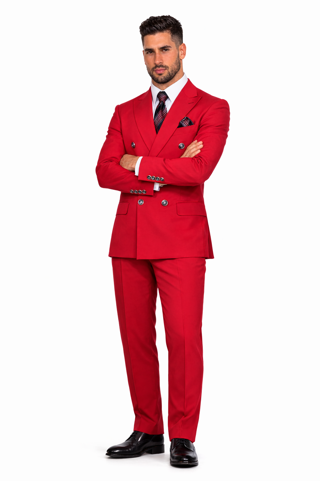 Mens Designer Modern Fit Double Breasted Wool Suit with Gold Buttons in Red