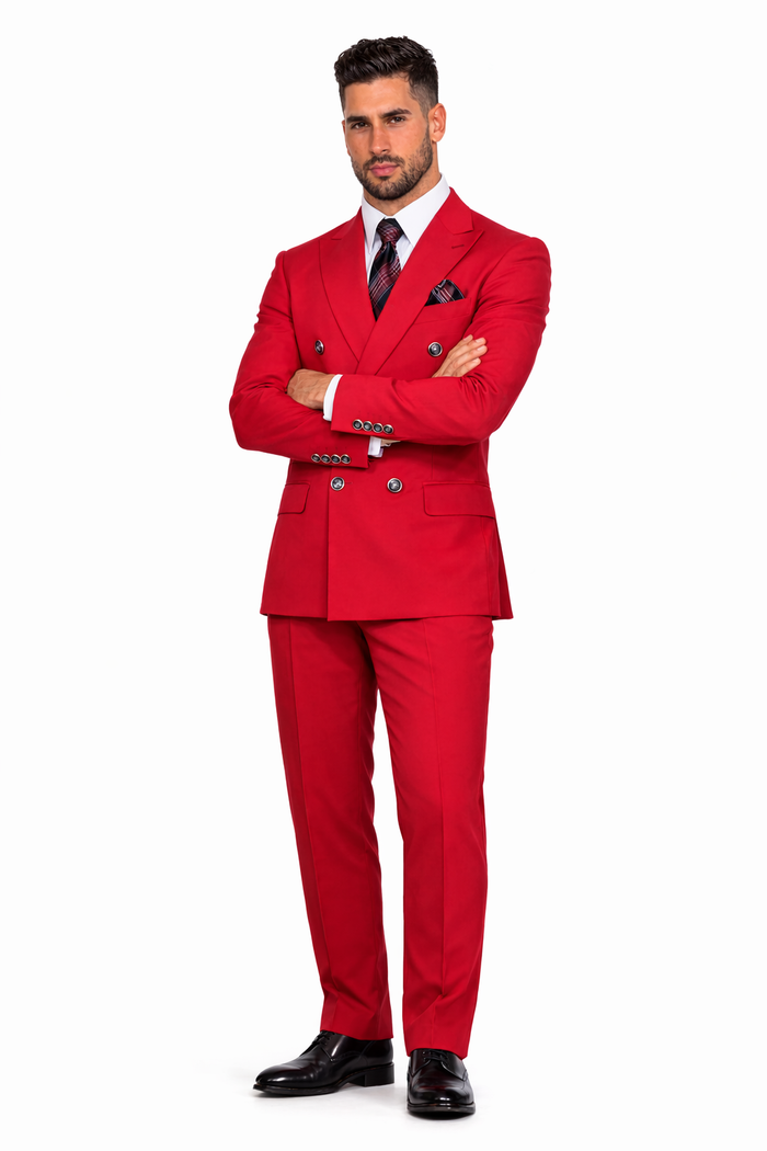 Mens Designer Modern Fit Double Breasted Wool Suit with Gold Buttons in Red
