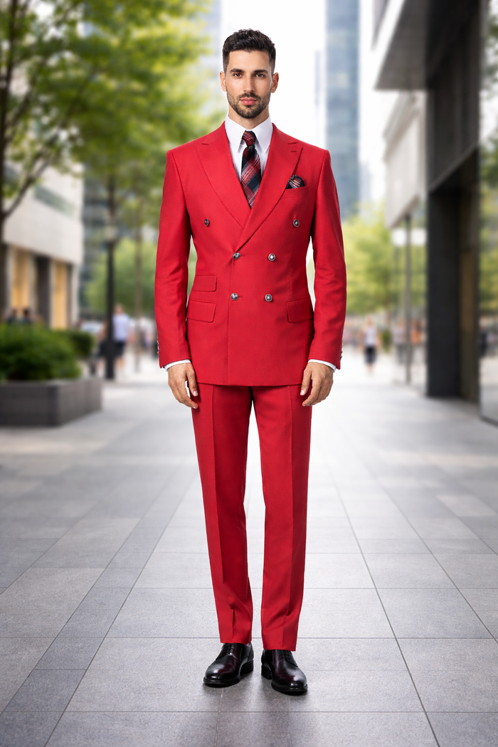 Mens Designer Modern Fit Double Breasted Wool Suit with Gold Buttons in Red