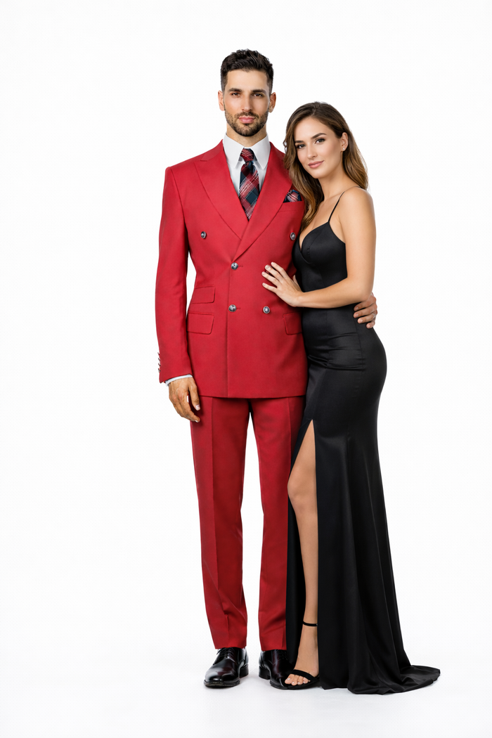 Mens Designer Modern Fit Double Breasted Wool Suit with Gold Buttons in Red
