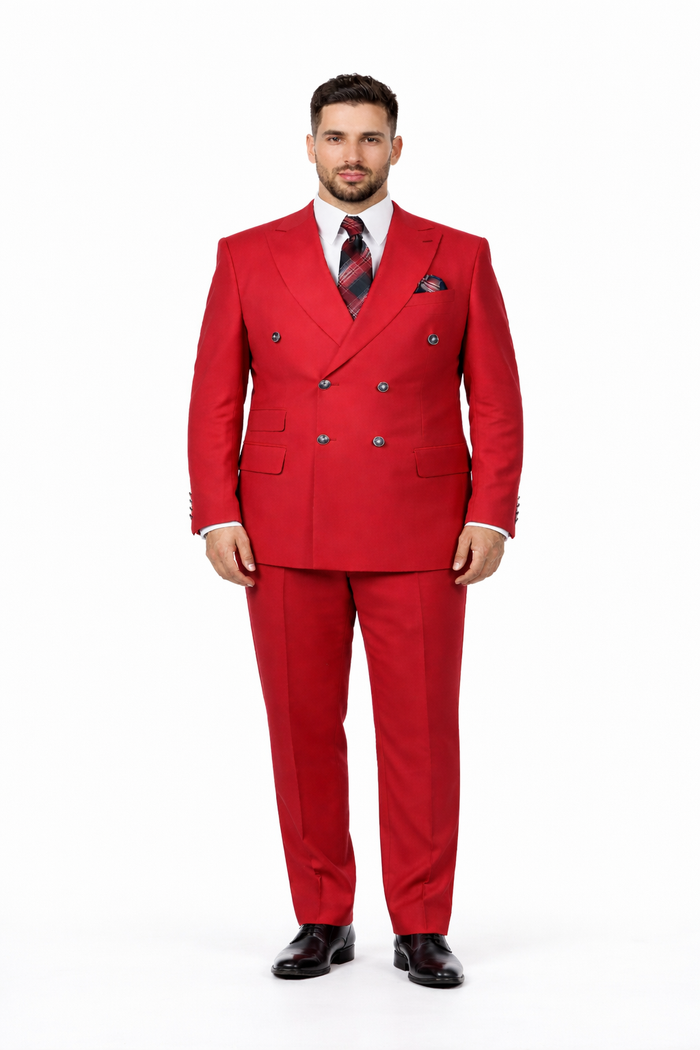Mens Designer Modern Fit Double Breasted Wool Suit with Gold Buttons in Red