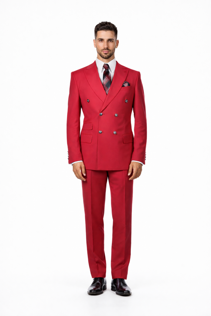 Mens Designer Modern Fit Double Breasted Wool Suit with Gold Buttons in Red