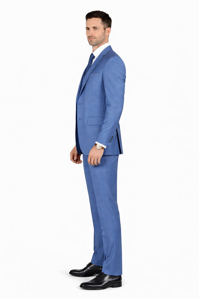 Men's Designer Modern Fit Vested Wool Sharkskin Suit in Steel Blue