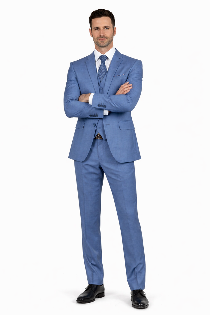 Men's Designer Modern Fit Vested Wool Sharkskin Suit in Steel Blue