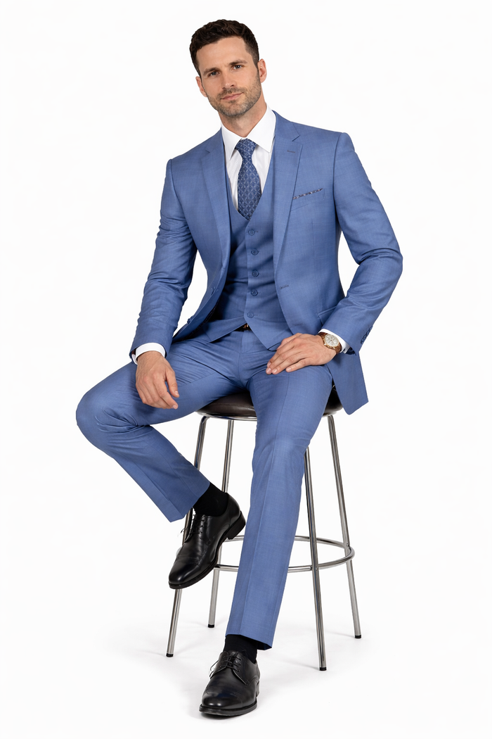 Men's Designer Modern Fit Vested Wool Sharkskin Suit in Steel Blue
