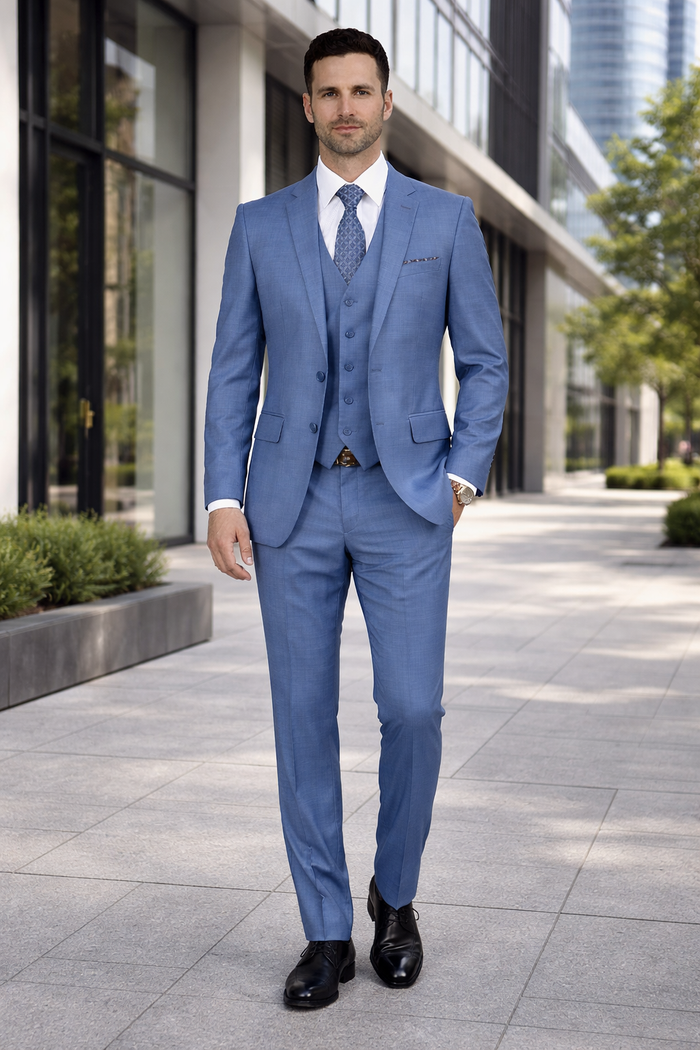 Men's Designer Modern Fit Vested Wool Sharkskin Suit in Steel Blue