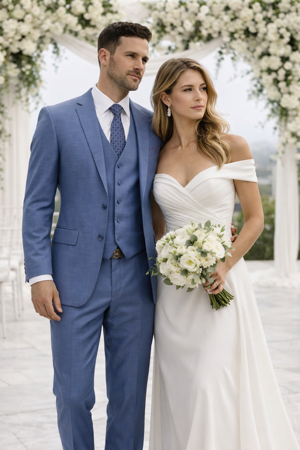 Men's Designer Modern Fit Vested Wool Sharkskin Suit in Steel Blue